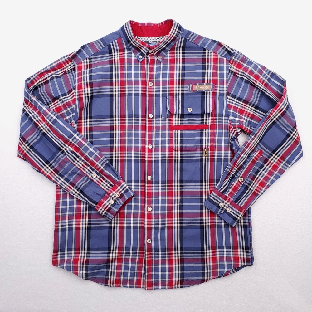 Columbia PHG Shirt Mens Medium Blue Red Tartan Plaid Button Up Vented Relaxed